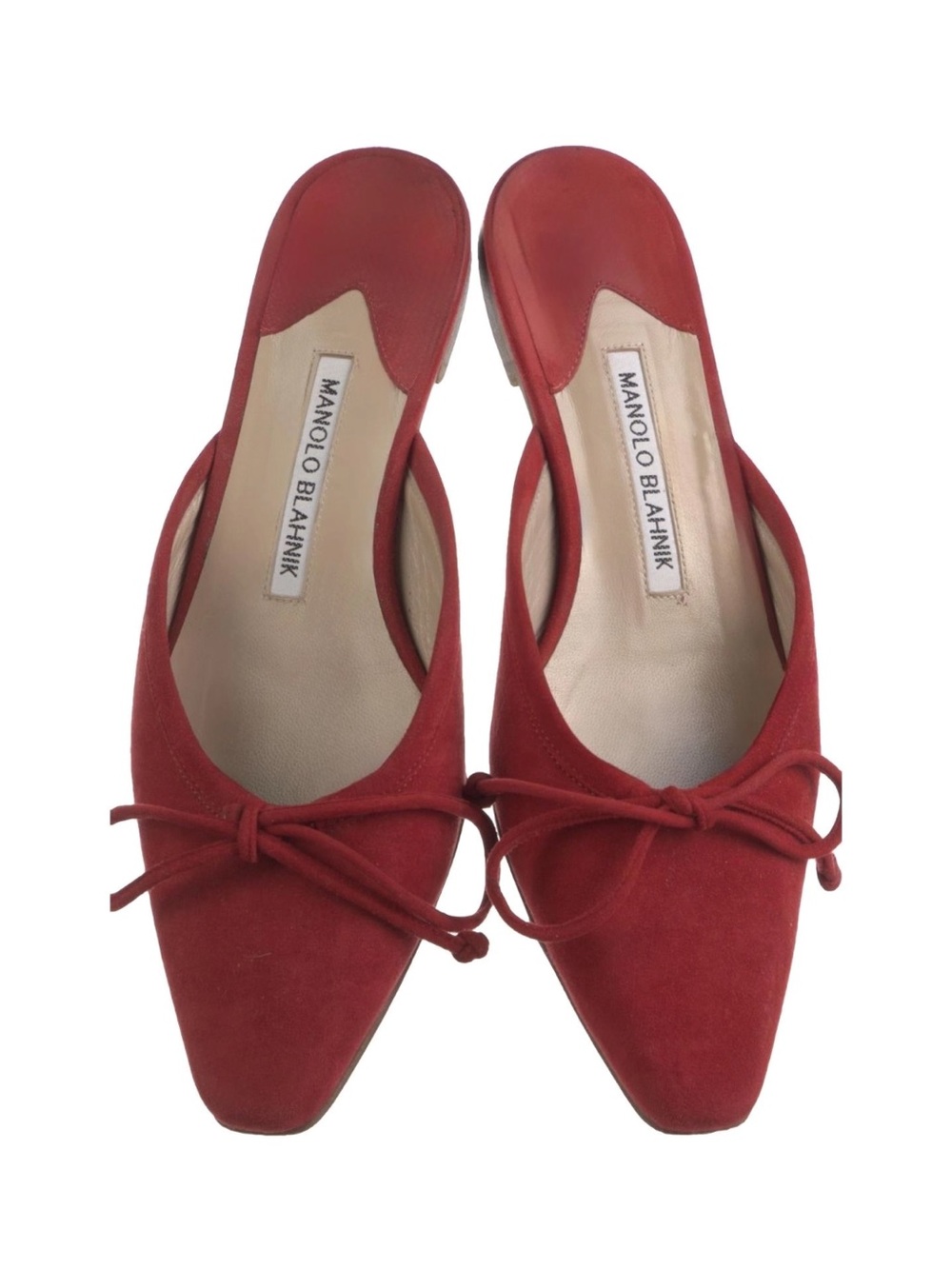 Manolo Blahnik Red Suede Pointed-Toe Bow Mule Flats